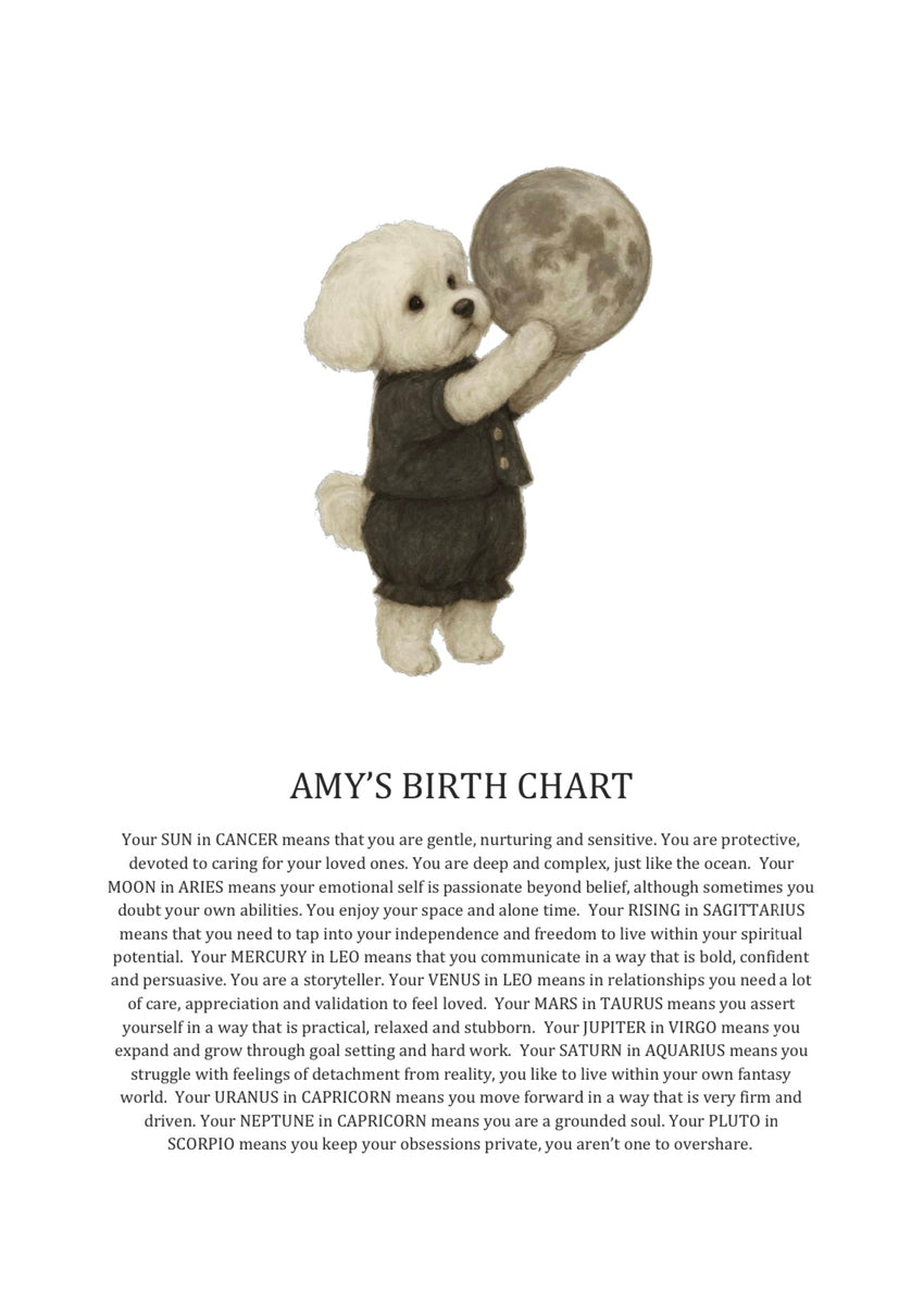 customised birth chart print with puppy and full moon – Sisters Village